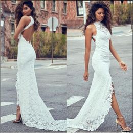 Sexy Sheath Beach Wedding Dress Halter Neckline Fitted Side Split Open Back Court Train Ivory Color Full Lace Bridal Gowns 235S