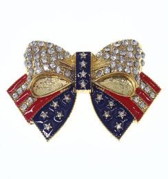 Gold Plating Crystal Enamel American Flag Bowknot Pin Brooch Veteran Jewellery Campaign Brooches3452526