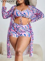 Women's Swimwear VigoJany 2024 Print 3 Piece Long Sleeve Smock Plus Size Bikini Set Women Push Up Big Swimsuit High Waist Chubby Bathing