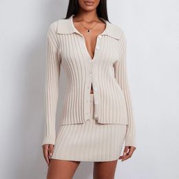 Work Dresses Women's Fashion Knit Skirt Set Ribbed Long Sleeve Button-down Shirt With Mini Bodycon Fall Outfit