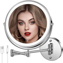 Compact Mirrors Wall mounted illuminated makeup mirror 8-inch rechargeable double-sided magnifying glass 1x/10x 3-color LED dimmable touch Q240509