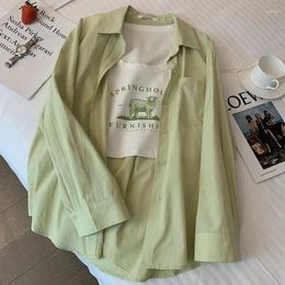 Women's Blouses Gidyq Green Casual Long Sleeve Shirt Women Korean Fashion Loose Y2K Cardigan Top Summer Solid All Match Sweet