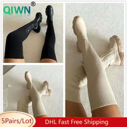 Boots 5Pairs Bulk Wholesale Fall Winter Sock Women Sexy Stretch Knit Leather Platform Round Toe Over Knee Shoes 8605