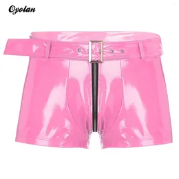 Underpants Mens Wet Look Boxer Shorts With Waist Belt Double-End Zipper Openable Cortch Bulge Pouch Underwear Nightclub Sexy Nightwear