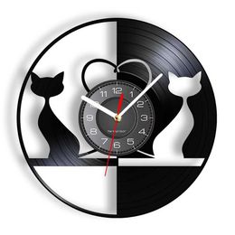 Wall Clocks Cats Couple modern wall clock black silhouette decoration kitten vinyl record home gift Q240509