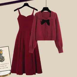 Work Dresses Autumn Winter 2024 Women's Year's Clothing Set Korean Version Of Retro Red Sweater With A Two-piece Dress