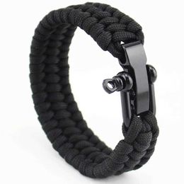 Charm Bracelets New Arrival Mens Stainless Steel Anchor Shackles Black Leather Bracelet Surf Nautical Sailor Men Wristband Fashion Jewellery Y240510