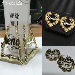 Atoztide Stainless Steel Large Hoop Earrings for Women Gold Colour Hollow Customise Name Bamboo Style Circle Earring Jewellery Gift 240510