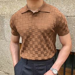 Luxury Plaid Patchwork Knitted Polo Shirt Men Spring Summer Casual Breathable Thin Knit Tops For Mens Knitwear Fashion Tees 240509