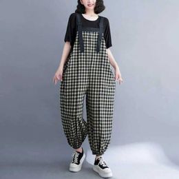 Women's Jumpsuits Rompers Cotton Linen Jumpsuits Women Loose Oversized Playsuits Casual Vintage Plaid One Piece Outfit Women Korean Fashion Harem Pants Y240510