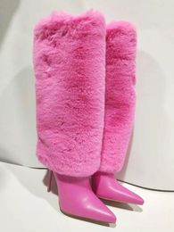 Boots Pink Feather Pointed Toe Shoes Stiletto Heels Sexy Sleeve High Women Fashion Winter Keep Warm Long