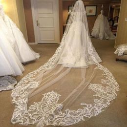 Gorgeous Beaded 3M One Layer Wedding Veils Lace Applique Trim Long Cathedral Length Veils Custom Made Tulle Bridal Veil With Comb 283D