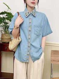 Women's Blouses Harajuku Fashion Denim Shirts And For Women Summer Japan Style Embroidery Blue Jean Y2K Vintage Top