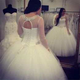 Skromna biała suknia balowa kryształowe sukienki ślubne plus seksowna bez pleców podłoga tiulowa sukienka ślubna vestios de novia 93 0510