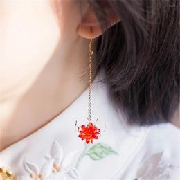 Dangle Earrings 1 Pair Red Lycoris Radiata Flower Ear Hooks Handmade Long Jewellery Vintage Hanfu Cheongsam Jewellery Women Girl Gift