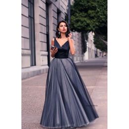 2018 Cheap Real Navy Blue Prom Dresses V Neck Sleeveless A Line Floor Length Soft Tulle Plus Size Party Dress Evening Gowns 71 0510