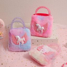 Children's cartoon unicorn shoulder cute girl storage crossbody bag daily wear plush handbag for women 80% factory wholesale