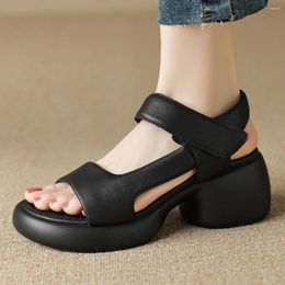 Sandals Women's Genuine Leather Chunky Heel Platform Punk Narrow Band Open Toe Casual Female Summer High Quality Shoes 2024