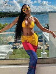 Joskaa Yellow Bikini Set with Print Mesh See Through Long Hip Skirt 3 Piece Sets Womens Outfits Summer Holiday Beachwear 240508