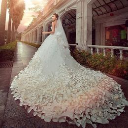 2020 New Beaded shiny Crystal Tulle Luxury Bridal Gown with flower Cathedral Train Lace Applique Gorgeous White Wedding Dresses 215J