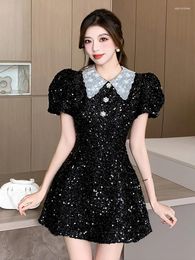 Party Dresses Summer Princess Luxury Studded Drill High Waist Slim Black Dress For Women Shinny Sequin Puff Sleeve Mini