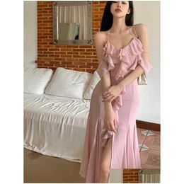 Basic Casual Dresses Women Sumemr Pink Chiffon Ruffles Off Shoder Split Long Dress Prom Robe Elegante Femme Bridesmaid Drop Delivery A Dh8Sc