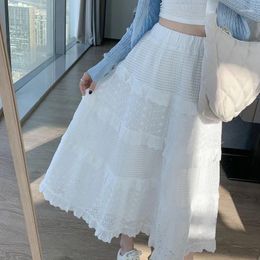 Skirts 2024 Women Chic High Waist Lace Long Skirt Gentle Style Hook Flower Half White A-line Full Spring Autumn NS5847