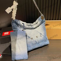 Womens Gradient Blue Denim Medium Large 22 Shopping Shoulder Bags With Silver Coin Charm Metal Hardware Matelasse Chain Crossbody Handbaga 30X29CM 35X34CM