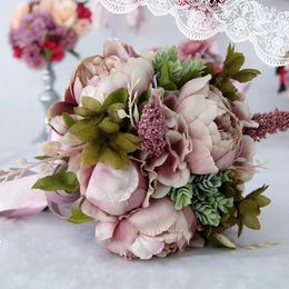 Decorative Flowers Artificial Foam Rose Bridal Wedding Bouquets Handmade Holding Rhinestone Decor Lace Edge Collar Long Ribbon Beaded Chain