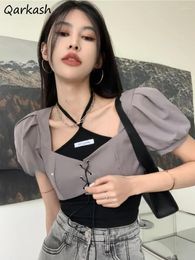 Work Dresses 2 Pcs Sets Women Lace-up Puff Sleeve T-shirts Crop Tops Halter Camis Sweet All-match Summer Fashion Tender Y2k Ins Stretewear