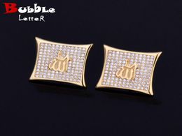 Iced Out Men Earring Square Stud Gold Colour Material Full Zircon Copper Screw Push Back Charm Hip Hop Jewellery Rock Street7390247