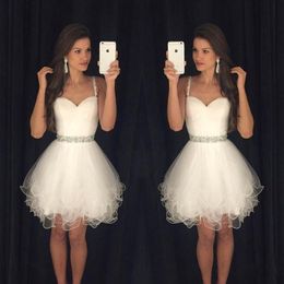 2019 Little White Homecoming Dresses Spaghetti Straps With Beads Tulle Cocktail Dresses Formal Party Dresses Prom Gowns For Women 271B