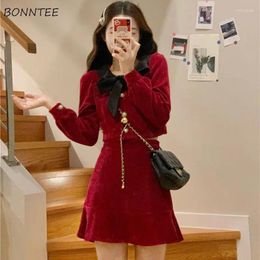 Work Dresses Sets Women Autumn Red Fashion Outwear Skirts Harajuku Daily Aesthetic Streetwear Outfits Mujer Simple Bow A-line College Kawaii