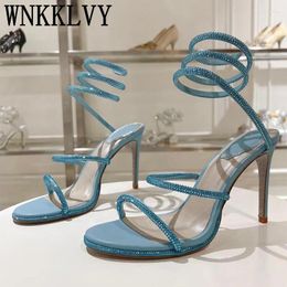 Dress Shoes 2024 Summer Snake Wrapped Sandals Women's Round Toe Mixed Colour High Heels Crystal Decoration Fairy Banquet