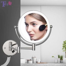 Compact Mirrors Wall mounted LED makeup mirror with plug 5X magnifying double-sided touch dimming bathroom Q240509