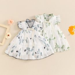 Girl Dresses Toddler Baby Chinese Style Dress Princess Lovely Leaf Print Mock Neck Summer Sleeve Tiered A-Line Outfits