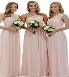 Pink Chiffon Long Bridesmaid Dresses 2017 New One Shoulder Pleats Floor Length Formal Party Dress Junior Graduation Gown4668974