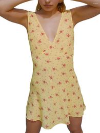 Casual Dresses Women's Summer Tank Mini Dress Floral Print V-Neck Sleeveless Backless Tie-up Slim Beach