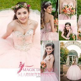 2019 Princess Pink Quinceanera Dresses With Beaded Crystal Puffy Skirt Ball Gowns Sweet 16 Gowns Corset Sweetheart Formal Dress for 16 305q