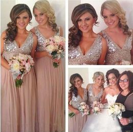 Dusty Pink Bling Sier Sequined Long Bridesmaid Dresses A Line Chiffon Maid Of Honor Wedding Guest Party Dresses Deep V Neck Custom Made 0510