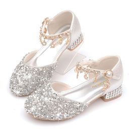 Fashion New Style Girls' Flash Diamond Plating Chain High Heel Princess Leather Show Dance Flower Children's Shoes