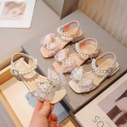 Sandals 2024 New Summer Princess Shoes Girls Bow Baby Fashion Sequin Flat Childrens H240510