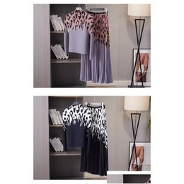 Two Piece Dress Fashion Set For Women Autumn New Leopard Printed Stretch Miyake Pleated Tops And A-Line Big Swing Long Skirt Suit Drop Dhcps