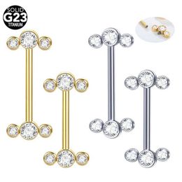 Nipple Rings 1PCS G23 Titanium PIERC Gold Colour Nipple Rings CZ Bezel-Set Piercing Nipple Mamilo Piercings Sexy Women Body Jewellery 14G Y240510