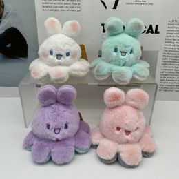 Reversible Bunny Cat Pendant Keychain Cartoon Plush Toy Inversion Rabbit Kitten Key Chain Cute Double Face Expression Doll