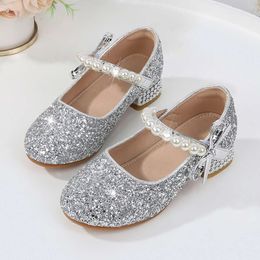 Girls' Princess 2024 Spring New Children's Leather Shoes, Big Kids Fashion High Heels, Little Baby Crystal Single Shoes