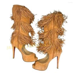 Boots Yellow Fringed Peep Toe Platform Women Hollow Patchwork Knee High Suede Shoes Design For Female Autumn Luxury Zipper