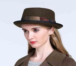 100 Pure Wool Women Pork Pie Fedora Hat Elegant Lady Cashmere Flat Homburg Godfather Top Caps With Fashion Bowknot Stingy Brim Ha3611926