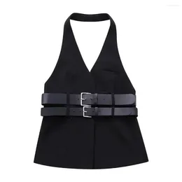 Women's Tanks 2024 Women Fashion V Neck Double Belt Design Backless Black Sleeveless Halter Tops Female Slim Camisole Vest 4315