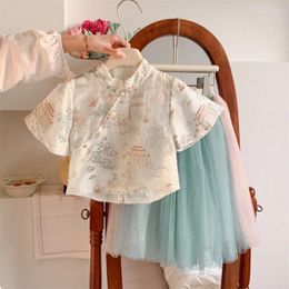 Clothing Sets Tiktok Girl's Chinese Style Suit2024Summer Children's Knot Button Top Mesh Skirt Two-Piece Set